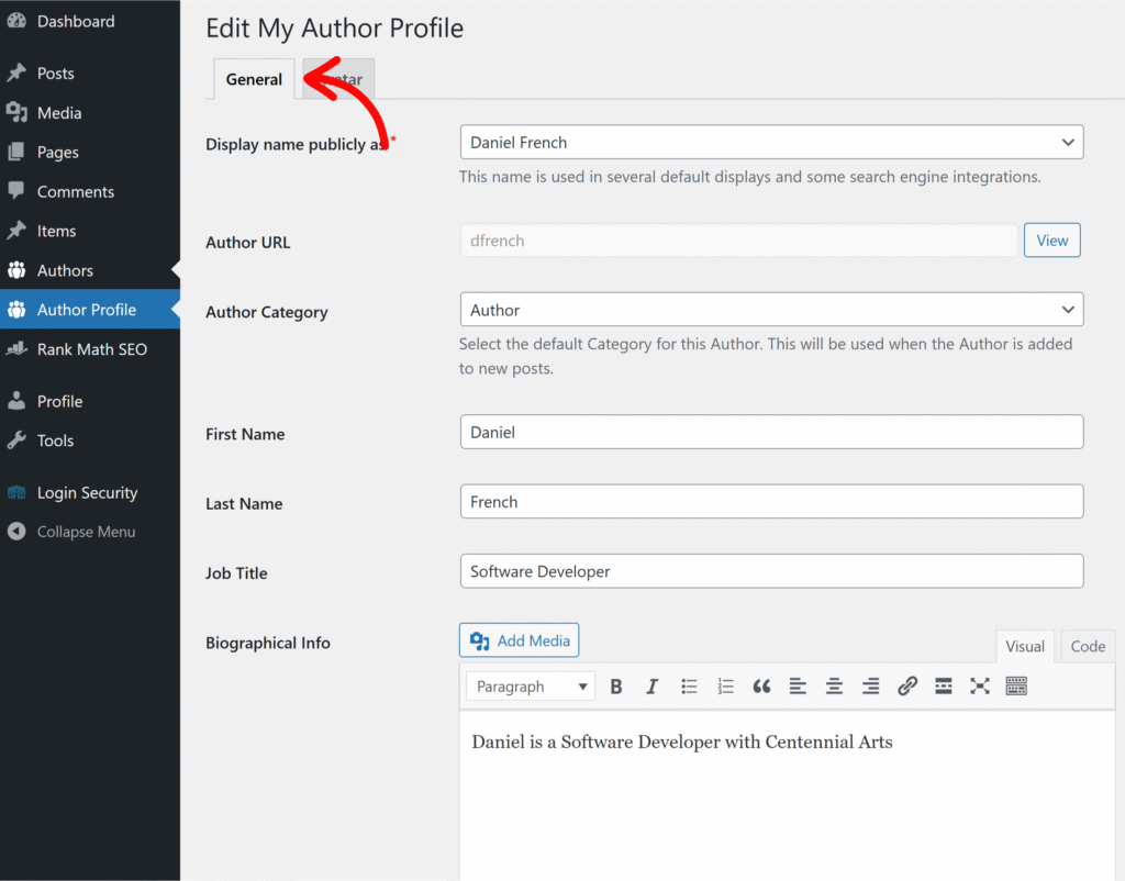 Editing an author profile using PublishPress Authors
