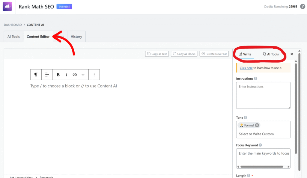 content editor tab